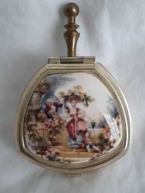 Vintage Portrait Porcelain Compact Ashtray with Gold-Tone Frame